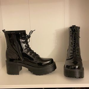 Black PU Patent lace up booties